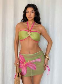 Elenzga 3件套时尚性感比基尼套装带抽绳沙滩裙，夏季 - 綠色 - 查看 6
