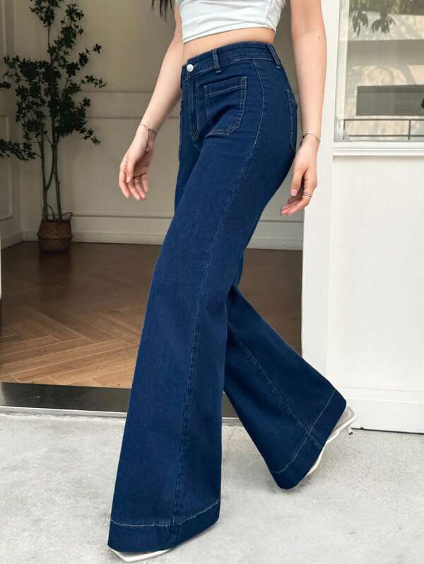 K-Vae Women's Summer Dark Blue Stretch Slim Fit Denim Trousers, Pocket Design Casual Flared Versatile Jeans, Commuting Daily Jeans