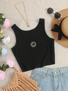 INAWLY 女士太阳与月亮简约刺绣装饰圆领短款吊带背心