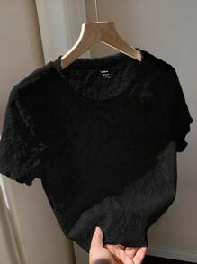 Comfortcana 基本款黑色针织提花圆领短袖T恤，夏季 - 黑色 - 查看 7