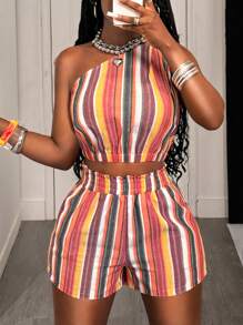 Slaydiva 2025新款夏季休闲街头Y2K甜美辣妹日常约会复古街头挂脖吊带侧PU丝带镂空吊带荷叶边下摆巴洛克印花玫红色迷你裙修身短裙针织女士迷你连衣裙-A