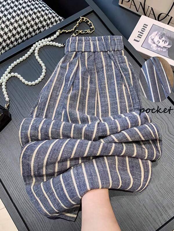 SHEIN Clasi Pantalones casuales sueltos de talla grande con rayas verticales de color contrastante, para verano