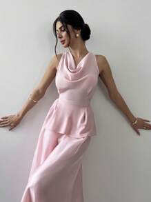 Firerie 女士新款纯粉色欧根纱闪亮裙荷叶边领背心休闲优雅两件套西装/夏装/毕业装/度假装/荷叶边短裤/可爱夏季上衣/女士婚礼宾客礼服/女士教堂装/女士夏季装 - 粉色 - 查看 4