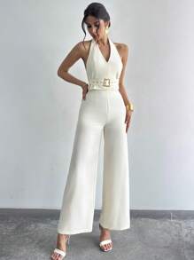 Firerie Women's Elegant Sleeveless Backless Halter Neck Fashion Blazer Set 2pcs Women Summer Elegant Casual Outfit, Work Clothes,Vacation, Graduation, Daily Wear,Commuter,Loose V-Neck Sleeveless Tied Waist Elastic Waist Straight Leg Pants, Beige In Fall/Winter