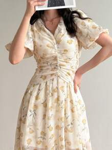 Modelyn Women's V-Neck Ruched Puff Sleeve Mid-Length Casual Allover Print Dress - Light Yellow - View 3