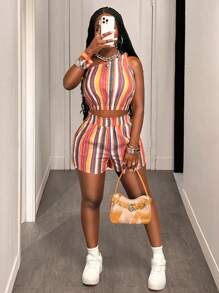 Slaydiva 2025新款夏季休闲街头Y2K甜美辣妹日常约会复古街头挂脖吊带侧PU丝带镂空吊带荷叶边下摆巴洛克印花玫红色迷你裙修身短裙针织女士迷你连衣裙-A