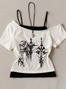 Top corto con cuello asimétrico y estampado de dibujos animados, estilo Y2K, lindo y sexy, adecuado para uso casual diario, se puede combinar para todas las estaciones - Blanco - Ver 1