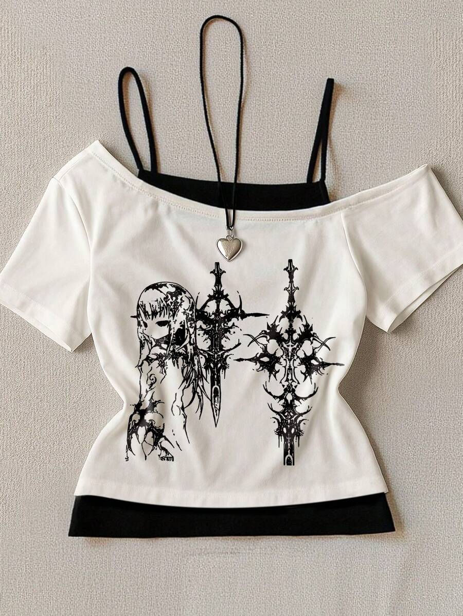 Top corto con cuello asimétrico y estampado de dibujos animados, estilo Y2K, lindo y sexy, adecuado para uso casual diario, se puede combinar para todas las estaciones - Blanco - Ver 1