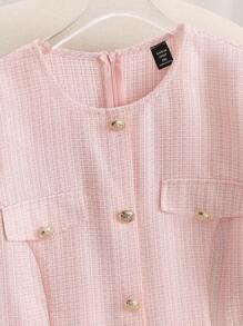 Franclia Robe élégante rose chiné à manches courtes, col rond et boutonnage simple pour grandes tailles - Rose bonbon - Voir 5