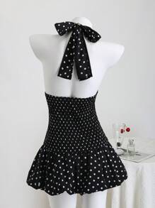 Elamini Polka Dot High Neck Waist Back Cut-Out Tie-Up Hem Contrast Ruffle Mini Dress, Elegant & Romantic For Beach, Daily Outing, Date