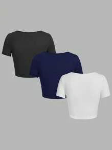 SHEIN EZwear 3 件套女士休闲方领长袖紧身 T 恤，适合夏季