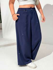 SHEIN EZwear Plus Size Navy Casual Cargo Pants, Summer - Navy Blue - View 3