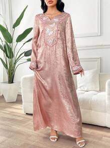 Yasmyna 女式缺口领口串珠刺绣优雅长袖土耳其和阿拉伯传统长裙，端庄 - 粉色 - 查看 5