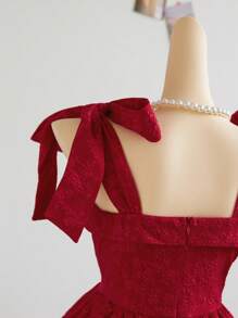 Elamini Jacquard Fabric Tied Shoulder Knot Waist Patchwork Ruched Double Tier A-Line Mini Dress - Red - View 5