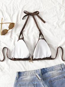 Swim Mod 大码女式纯色露背修身泳衣上衣，休闲度假 - 咖啡棕 - 查看 2