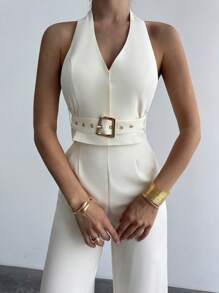 Firerie Women's Elegant Sleeveless Backless Halter Neck Fashion Blazer Set 2pcs Women Summer Elegant Casual Outfit, Work Clothes,Vacation, Graduation, Daily Wear,Commuter,Loose V-Neck Sleeveless Tied Waist Elastic Waist Straight Leg Pants, Beige In Fall/Winter