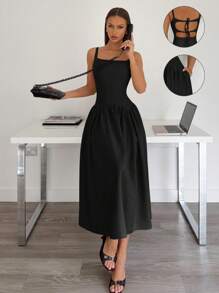 Siren Gaze Váy đen dáng chữ A midi buộc lưng, phù hợp cho kỳ nghỉ, phong cách Boho - màu đen - Xem 2