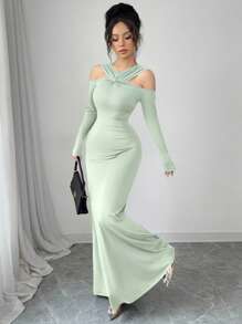 Modelyn 1pc Women Off Shoulder Twist Front Fitted Long Sleeve Dress - Mint Green - View 6