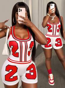 BamGleam Women's Tight-Fitting Jumpsuit With Red Number 23 Pattern, Fashionable For Summer - Multicolor - View 1