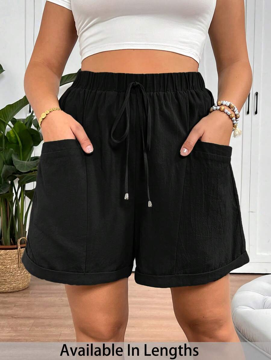 SHEIN Tall CURVE Women's Plus Size Fashionable Casual Loose Shorts With Pocket Design Women Plus Clothing Shorts Women Clothes - Black - View 1