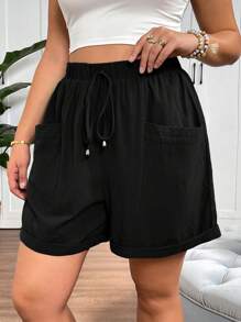 SHEIN Tall CURVE Women's Plus Size Fashionable Casual Loose Shorts With Pocket Design Women Plus Clothing Shorts Women Clothes - Black - View 6