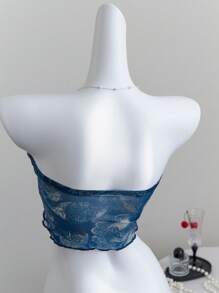 Elamini Blue Mesh Floral Print Tube Top, Fashionable Resort Style, Front Knot Design - Blue - View 2