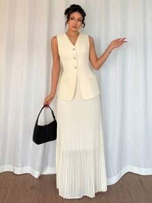 Elenzga 优雅通勤优雅时尚百搭编织杏色深V领无袖收腰修身不挑身金属纽扣前开长A字网眼重褶长裙女式套装 - 杏色 - 查看 3