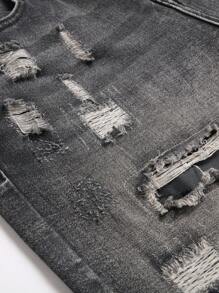 Manfinity Homme 男士休闲破洞口袋牛仔短裤，百搭 - 黑色 - 查看 6