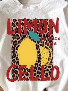 SHEIN LUNE Leoparden-Muster & Zitronen-Muster Kurzarm T-Shirt in großen Größen für den Sommer, vielseitig einsetzbar