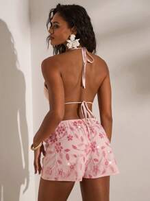 Opulessa Halter Backless Beaded Embroidery Woven Women's Sleeveless Top, Sexy Holiday Summer Vacation - Pink - View 2