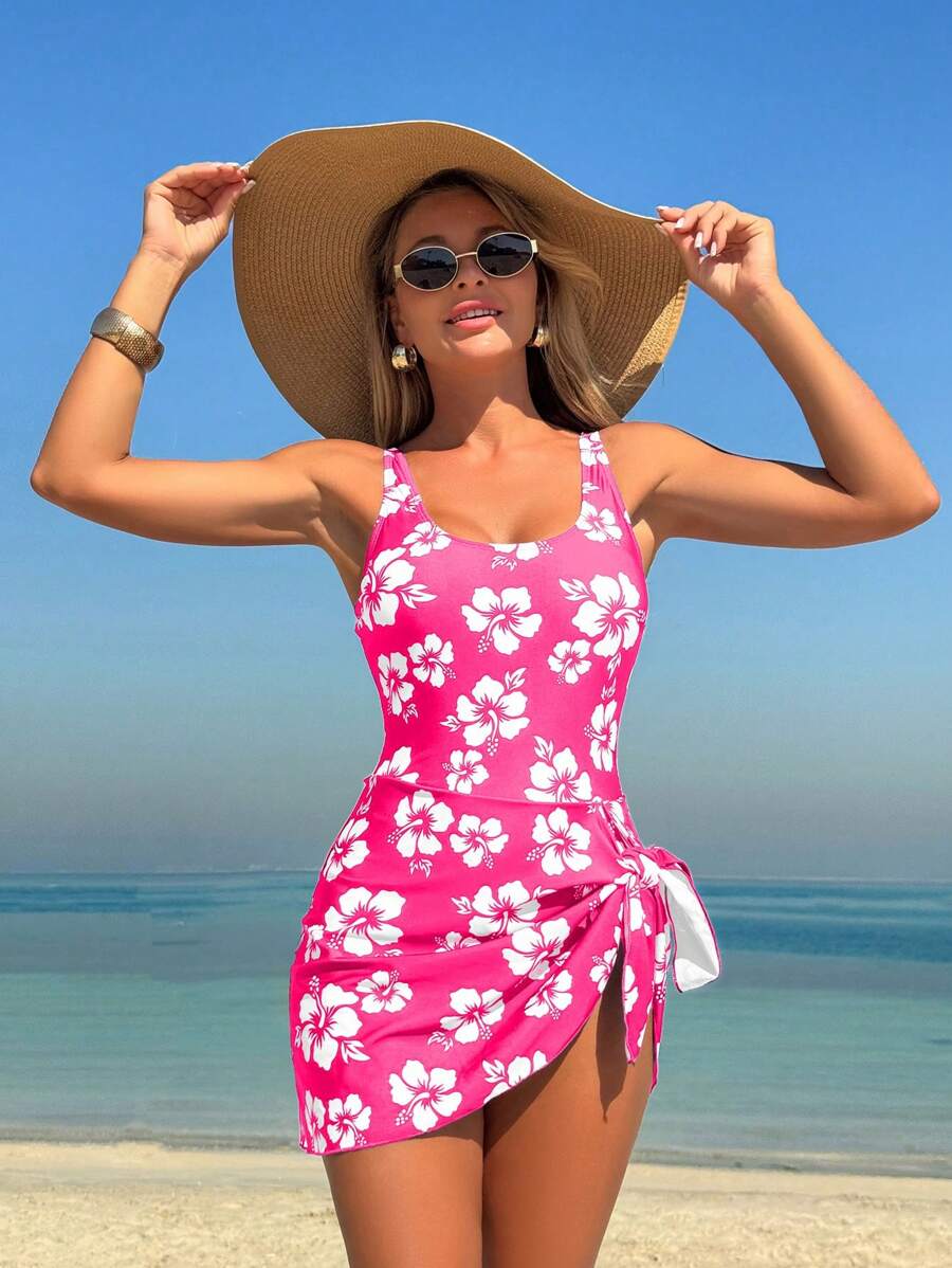 Swim Lushoire 1 bộ đồ bơi một mảnh in họa tiết bãi biển dành cho nữ - Màu Hồng Tươi - Xem 1