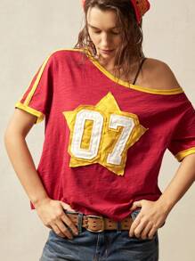 Bohemela 波西米亚风美式休闲风格针织拼色不对称肩部短袖宽松女士T恤 - 紅色 - 查看 5