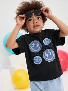 SHEIN Young Boy Casual Simple Comfortable Round Neck Short Sleeve Star Print T-Shirt - Black - View 3