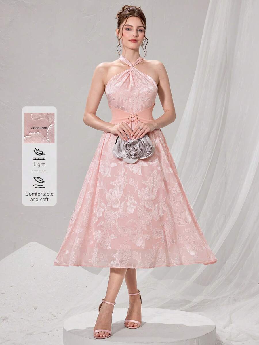 Poshira Đầm trễ vai không tay thắt eo jacquard cho nữ - Hồng - Xem 1