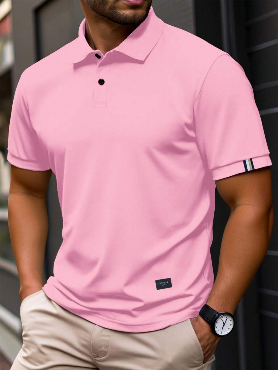 Manfinity Homme Men's Plain Color Applique Casual Versatile Short Sleeve Polo Shirt, Summer