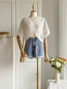 Cévolie Women's White Short Sleeve Single-Breasted Thin Knit Cardigan,Suitable To Pair With Camisoles, Tube Tops Etc. - White - View 1