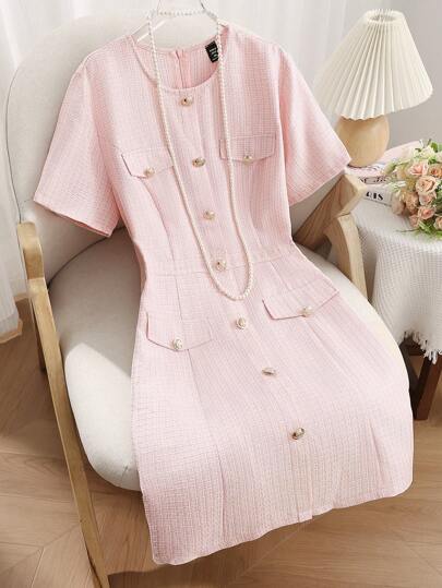 Franclia 大码女式圆领单排扣优雅粗花呢粉色短袖连衣裙