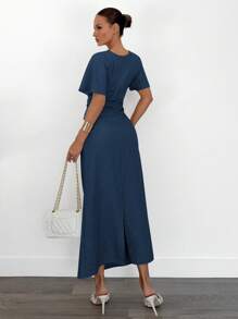 Siren Gaze 女士纯色亚麻混纺夏季连衣裙 - 藏蓝色 - 查看 2