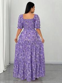 SHEIN Clasi Đầm thanh lịch cổ vuông tay ngắn họa tiết hoa cỡ lớn - Màu tím hoa cà - Xem 5