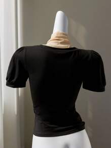 SHEIN Unity Black 2 In 1 Contrast Color Chiffon Collared Half-Placket Button Twist Neck Slim Fit Short Sleeve T-Shirt,Elegant,,Autumn,Party,Commute,Women - Black - View 2
