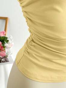 Elamini Apricot Ruched Asymmetric Shoulder Tight Fitted Top, Fashionable Minimalist Casual Elegant Versatile For Daily Wear & Commute, Spring/Summer - Yellow - View 7