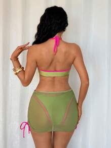 Elenzga 3件套时尚性感比基尼套装带抽绳沙滩裙，夏季 - 綠色 - 查看 2