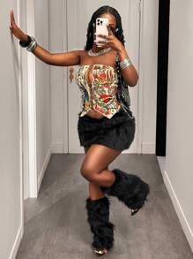 Slaydiva Top ajustado de mujer con patrón estilo barroco, anillo metálico, escote tipo tubo, de color caqui, estilo de chica caliente Y2K, para uso diario, fecha, estilo de calle retro y casual, nueva del verano 2025