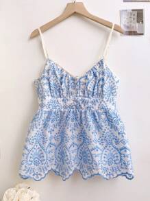 SHEIN EZwear Top canotta da donna con ricamo blu a bretelle, di moda per l'estate