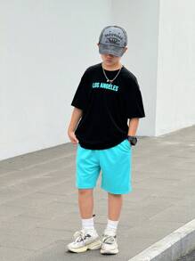 Set de 2 piezas de camiseta de manga corta con estampado de letra y pantalones cortos de ajuste suelto, estilo calle casual y cómodo para niños preadolescentes, apropiado para escuela, jardín, playa, cumpleaños, primavera, verano, otoño, invierno
