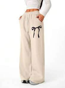 SHEIN 青少年女孩宽松直筒蝴蝶图案运动裤 - 卡其色 - 查看 6