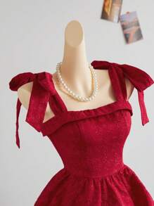 Elamini Jacquard Fabric Tied Shoulder Knot Waist Patchwork Ruched Double Tier A-Line Mini Dress - Red - View 6