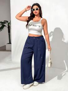 SHEIN EZwear Plus Size Navy Casual Cargo Pants, Summer - Navy Blue - View 5