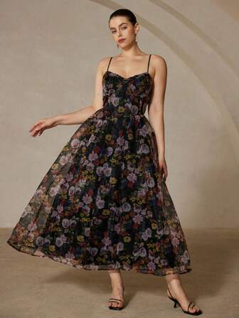 Aveloria Rosie 多色玫瑰花卉印花欧根纱腰部 A 字形吊带裙，优雅浪漫大码女式派对礼服