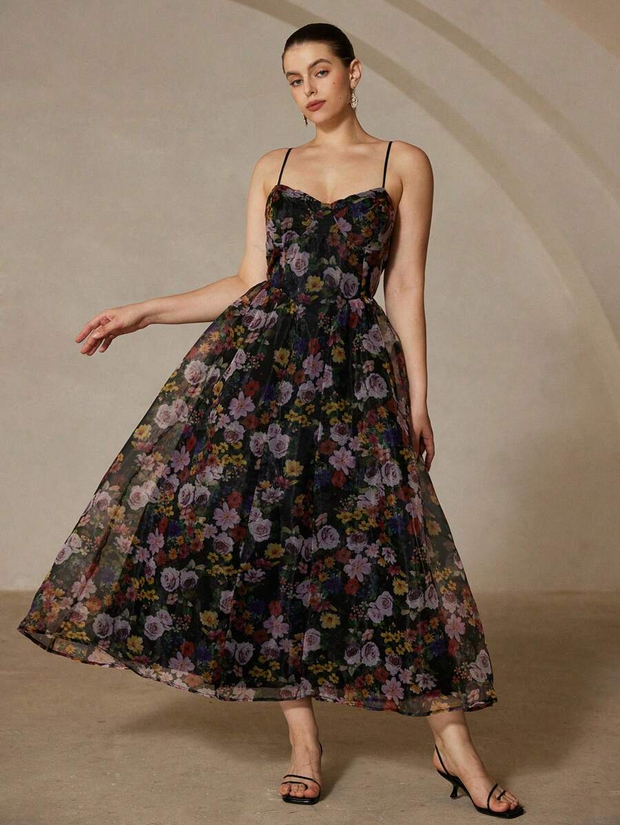 Aveloria Rosie 多色玫瑰花卉印花欧根纱腰部 A 字形吊带裙，优雅浪漫大码女式派对礼服 - 彩色 - 查看 1